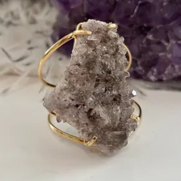 Brass and 18K Gold Overlay Smokey Raw Crystal Ring - Picture 1 of 1